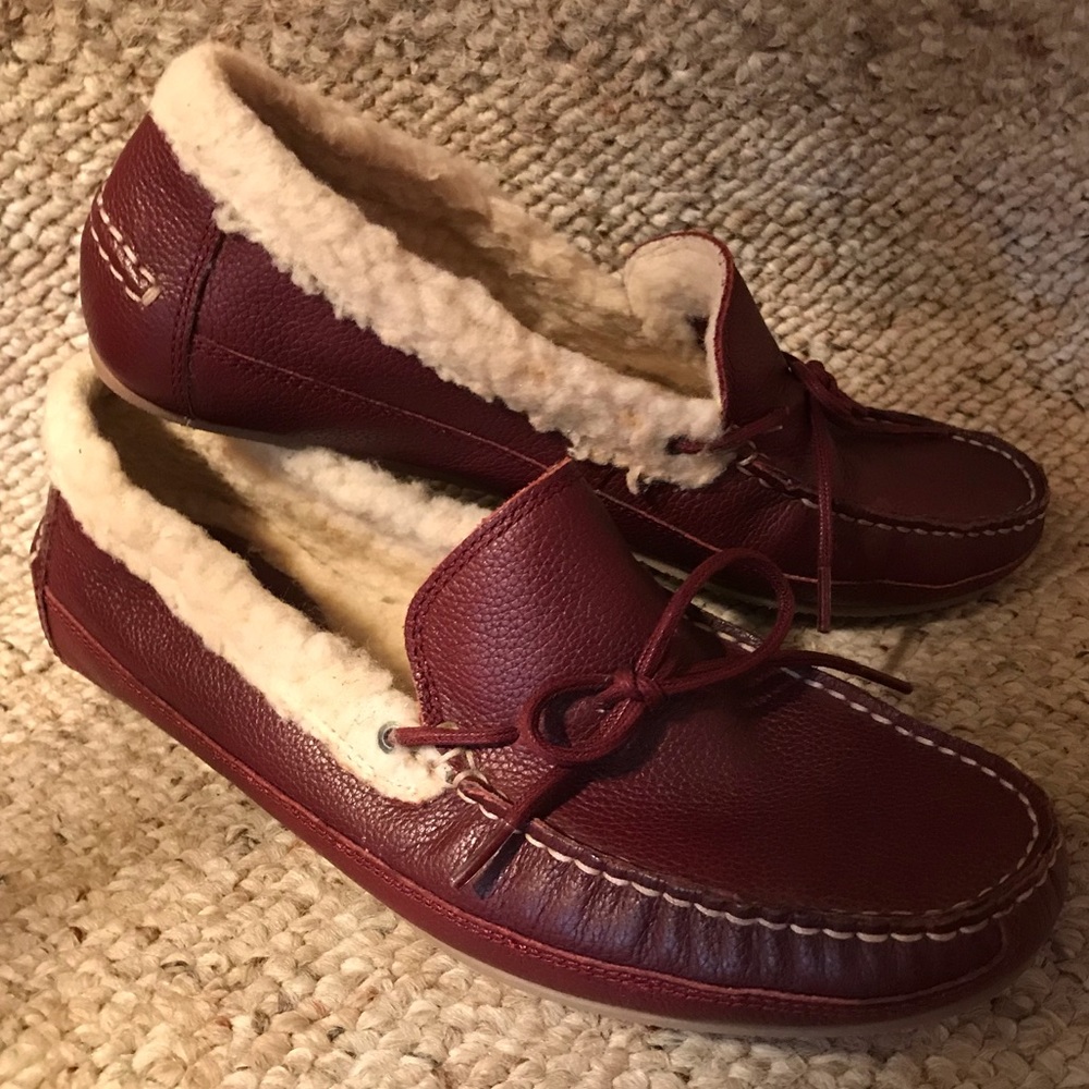 Cole Haan Faux Fur Lined Burgundy Leather Slippers
